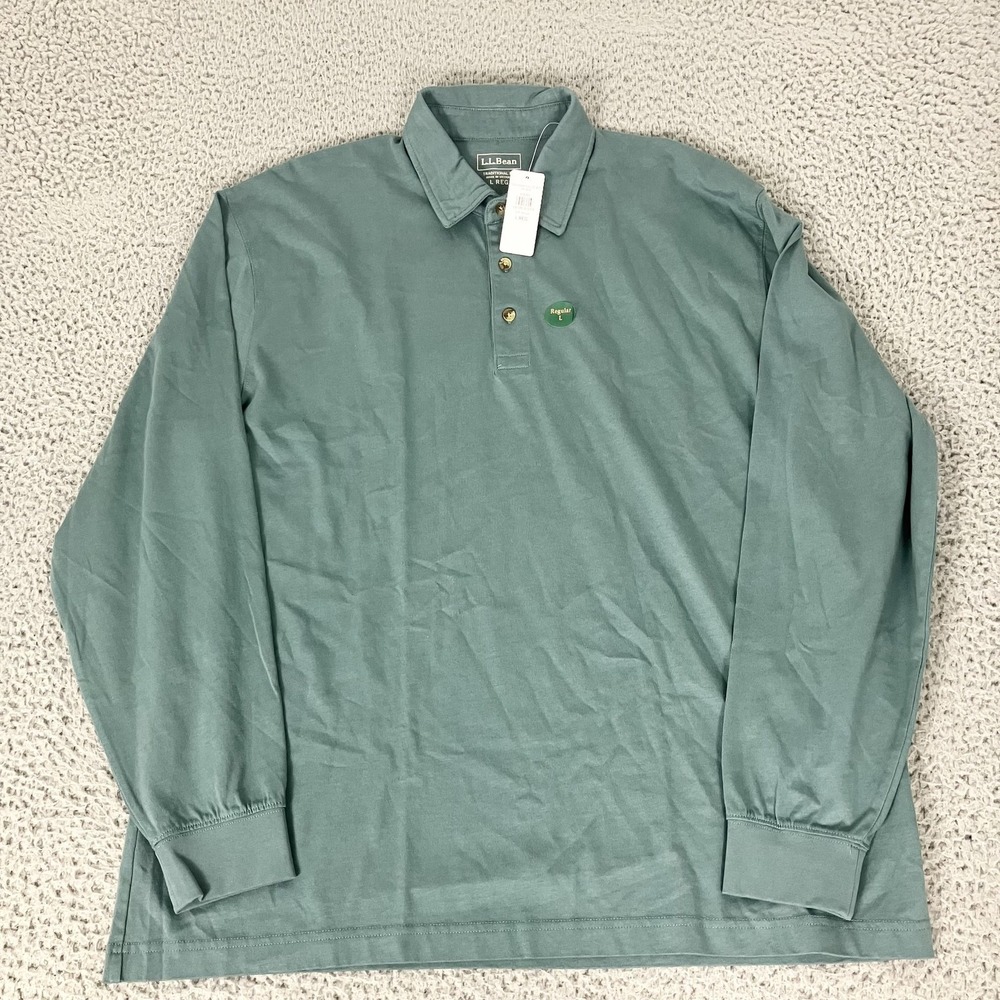 LL Bean Polo Shirt Mens Large Green Long Sleeve 100% Cotton Knit Traditional Fit